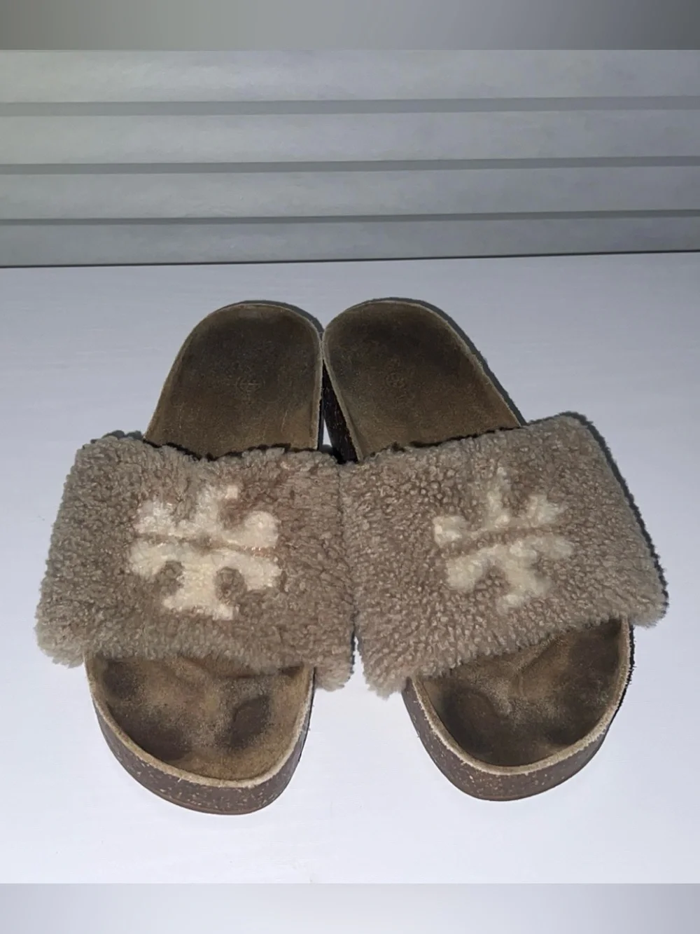 Tory Burch Beige Shearling Platform Slide Sandals